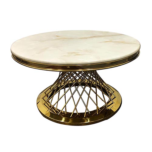 Coffee Table Round Shape White Faux Marble Top Spiral Base Stainless Electroplating Titanium Gold Diana